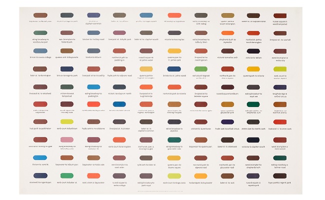 White landscape print with paint swatches representing different tube routes