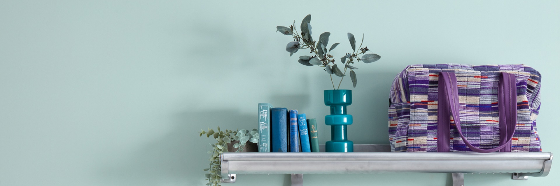 Large silver luggage rack mounted on pale blue wall with Elizabeth line tote sitting on stop